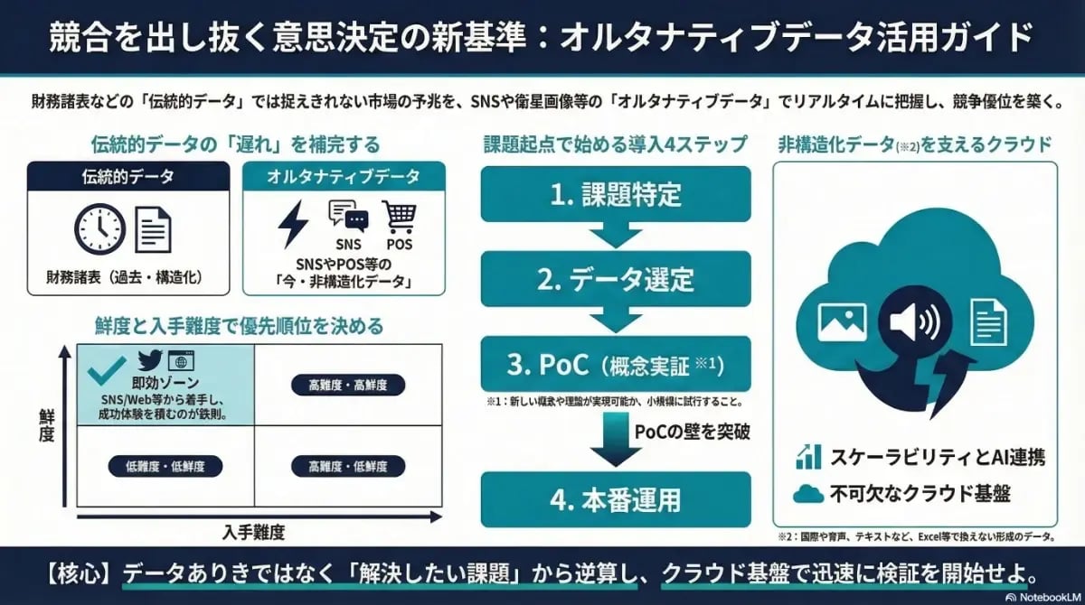 SNSやPOS等のオルタナティブデータを活用し、課題特定から本番運用まで4ステップで進める意思決定の新基準とクラウド基盤の重要性を解説したインフォグラフィック