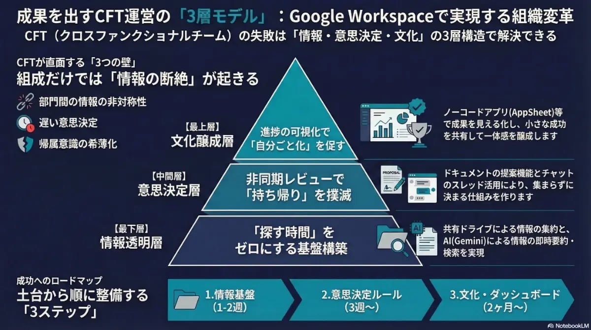成果を出すCFT（クロスファンクショナルチーム）運営の3層モデルを解説。情報透明層、意思決定層、文化醸成層のピラミッド構造と、Google WorkspaceやGeminiを活用した組織変革のステップを示す図解。