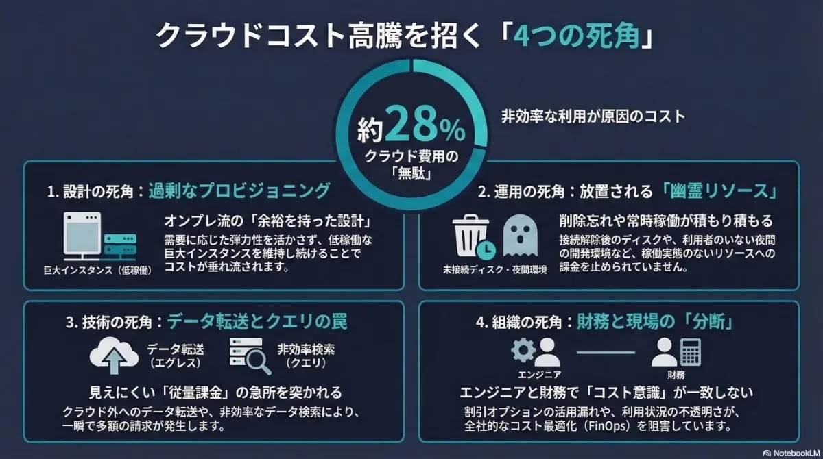 クラウドコスト高騰を招く4つの死角（過剰プロビジョニング、幽霊リソース、データ転送、組織の分断）と、費用の約28％を占める無駄の要因を解説したインフォグラフィック