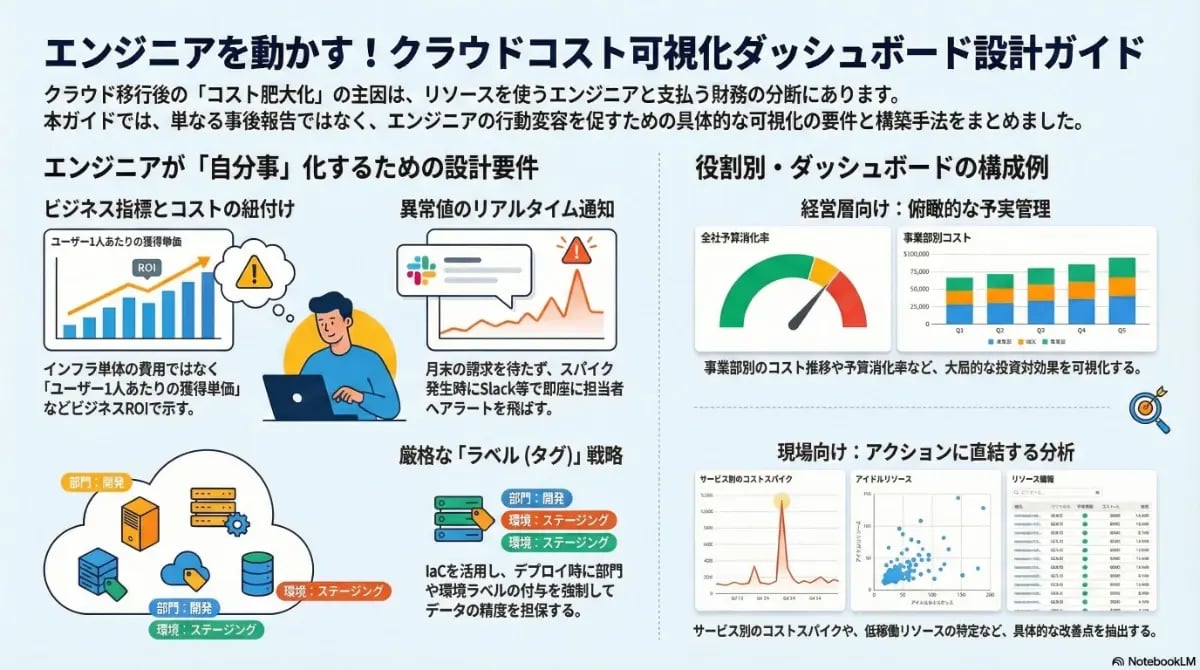 クラウドコスト可視化ダッシュボードの設計ガイド。エンジニアの行動変容を促すためのROI紐付け、リアルタイム通知、タグ戦略の要件と、経営層・現場別のダッシュボード構成例を示した図解