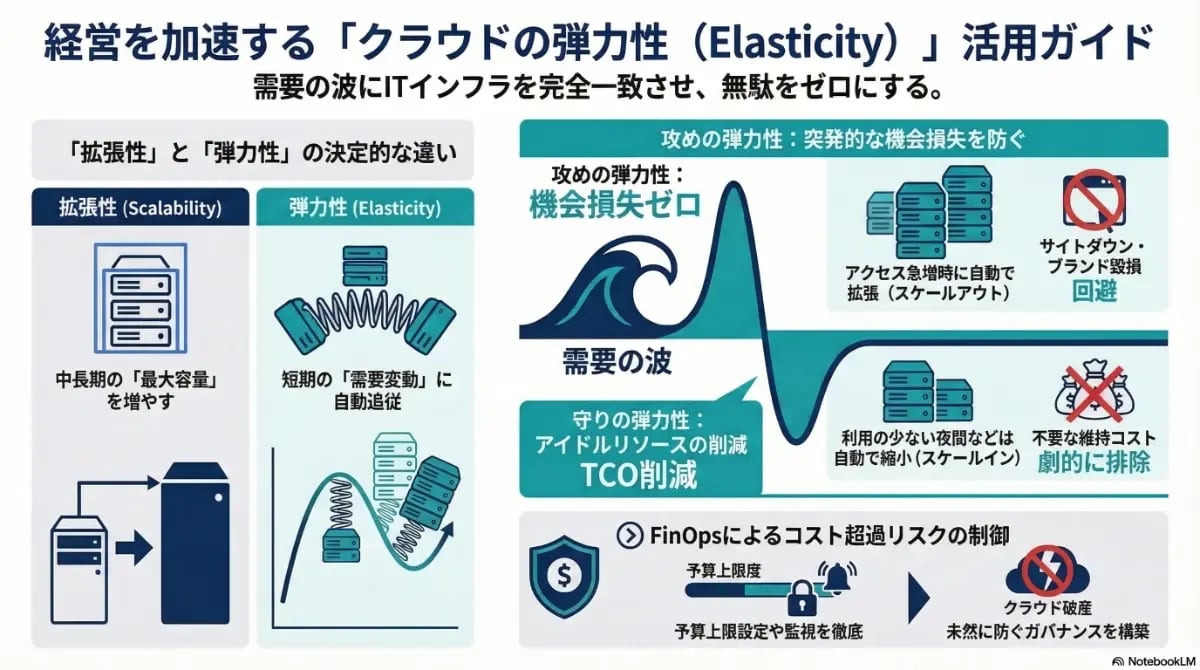 経営を加速する「クラウドの弾力性（Elasticity）」活用ガイド。拡張性と弾力性の違い、需要の波に合わせたスケールアウト・スケールインによる機会損失ゼロとTCO削減、FinOpsによるコスト制御を解説した図解