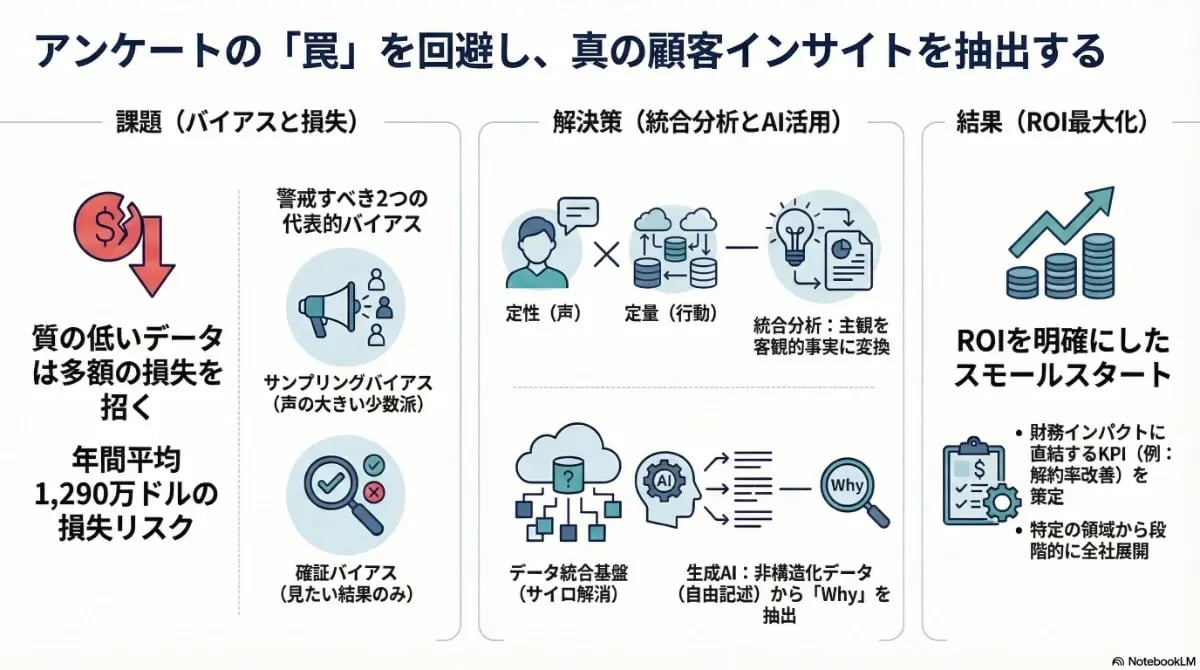 アンケートの代表的なバイアス（サンプリング・確証）を回避し、定性と定量の統合分析や生成AIの活用によって真の顧客インサイトを抽出するプロセスを解説した図解