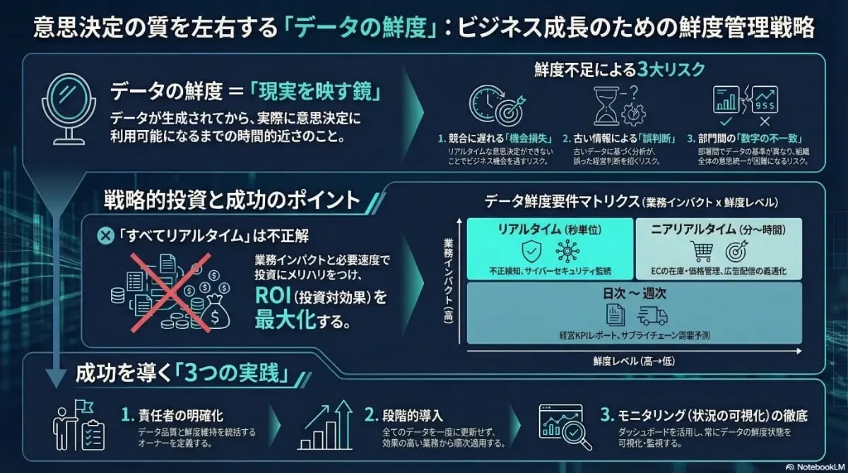 意思決定の質を高めるデータ鮮度の重要性と、鮮度不足のリスク、ROIを最大化する要件マトリクス、成功を導く3つの実践方法をまとめた図解