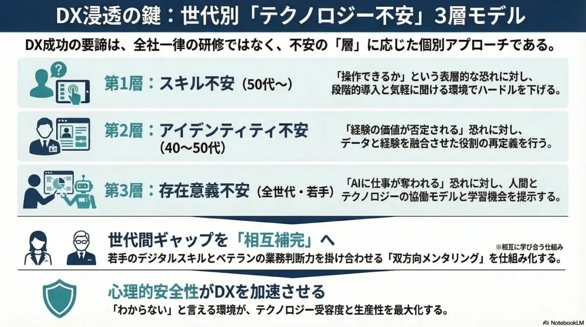 DX浸透を妨げる世代別の「テクノロジー不安」3層モデルを解説。50代のスキル不安、40代のアイデンティティ不安、全世代の存在意義不安への個別アプローチと、心理的安全性を高める双方向メンタリングの重要性を示した図解。