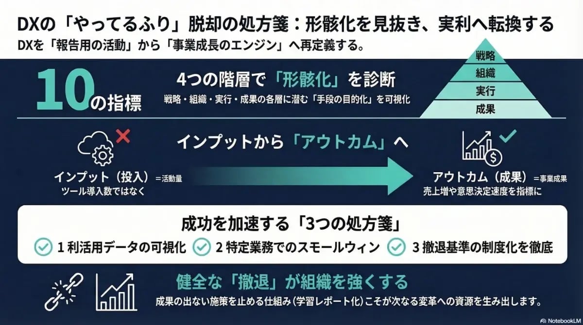 DXの形骸化を防ぎ実利へ転換するための処方箋。戦略・組織・実行・成果の4階層による診断や、インプットからアウトカムへのシフト、成功を加速する3つの施策をまとめたDX戦略の図解。
