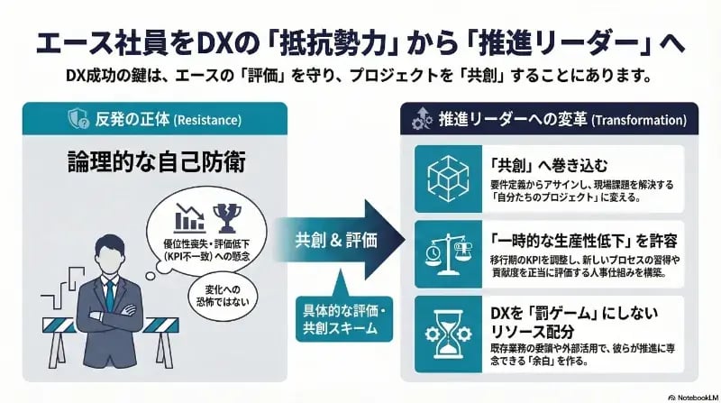 エース社員をDXの抵抗勢力から推進リーダーへ変える方法を解説。反発の正体である論理的な自己防衛を理解し、共創への巻き込みや一時的な生産性低下の許容など、具体的な評価・支援策を示した図解
