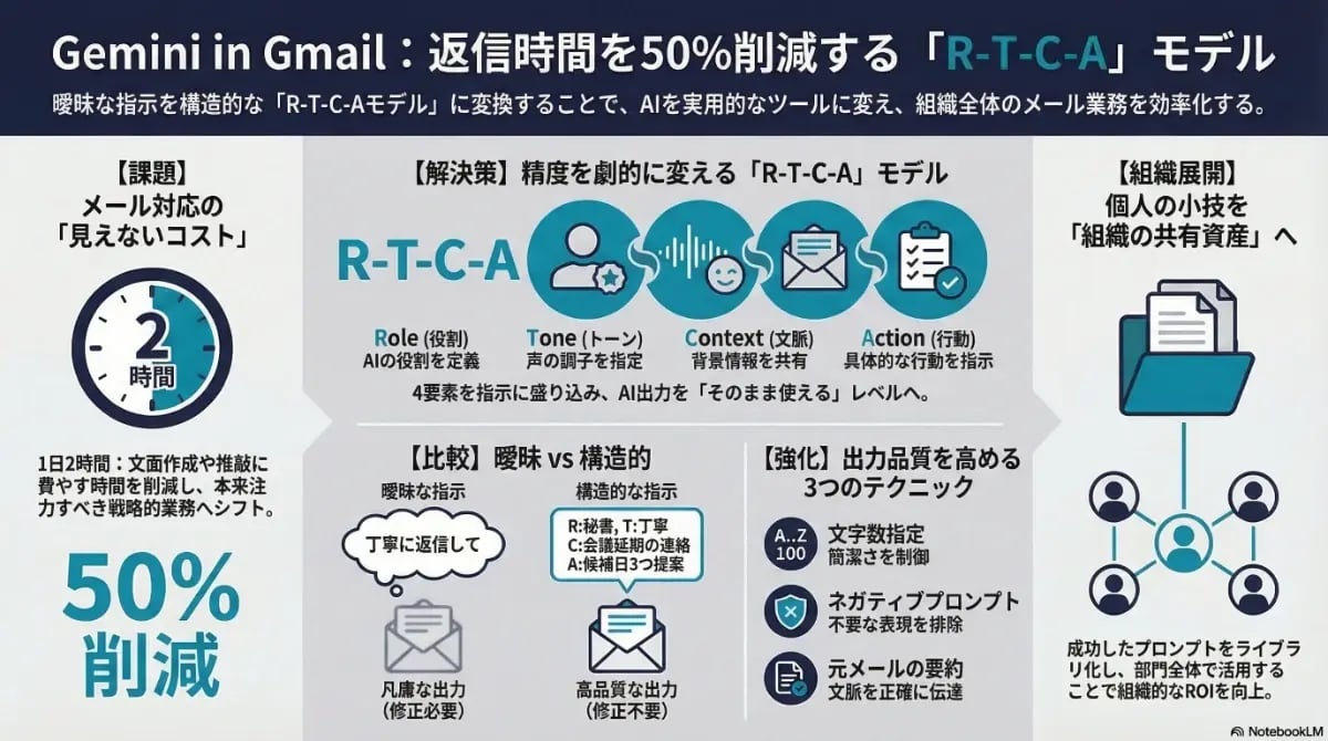 Gemini in Gmailでメール返信時間を50%削減する「R-T-C-A」モデルの解説と、役割・トーン・文脈・行動の4要素を構造化してプロンプト品質を高める手法を示した図解