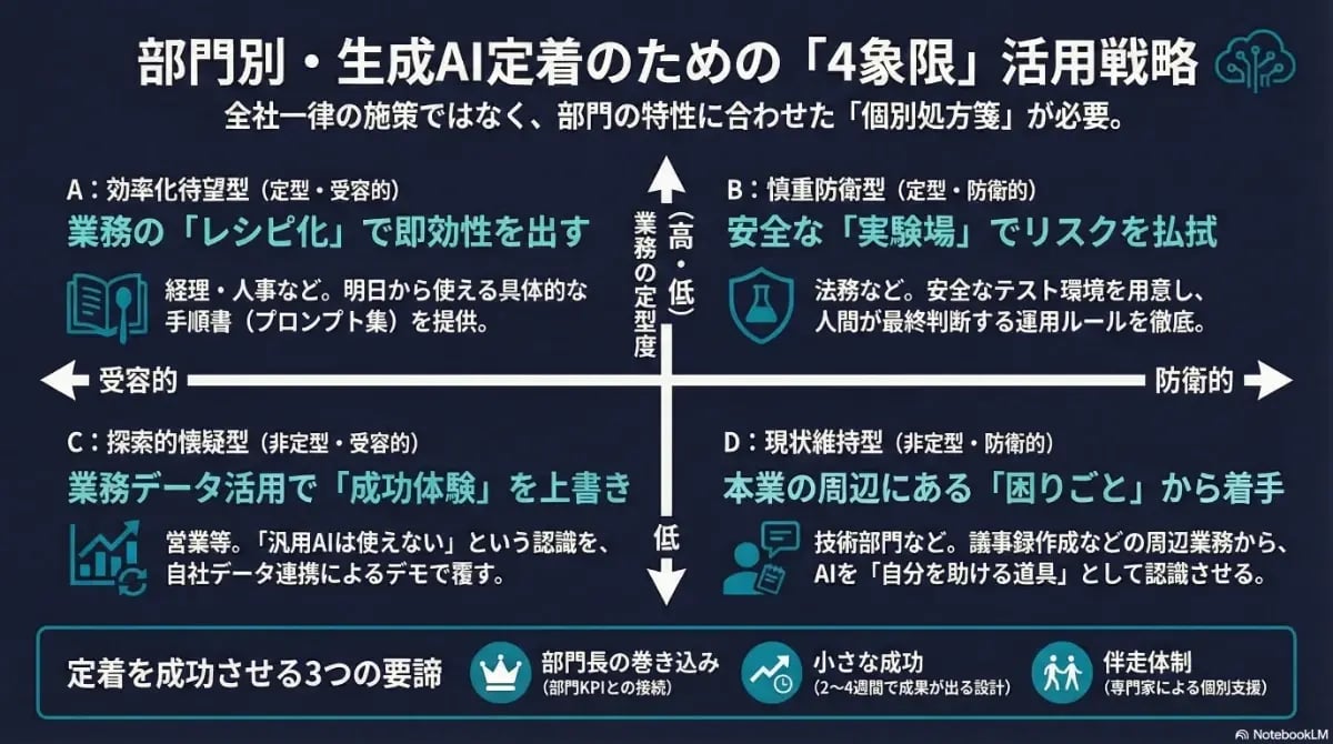 部門ごとの特性に合わせた生成AI定着のための「4象限活用戦略」として、業務の定型度と受容・防衛の姿勢に応じた個別処方箋と成功の3つの要諦を解説した図解
