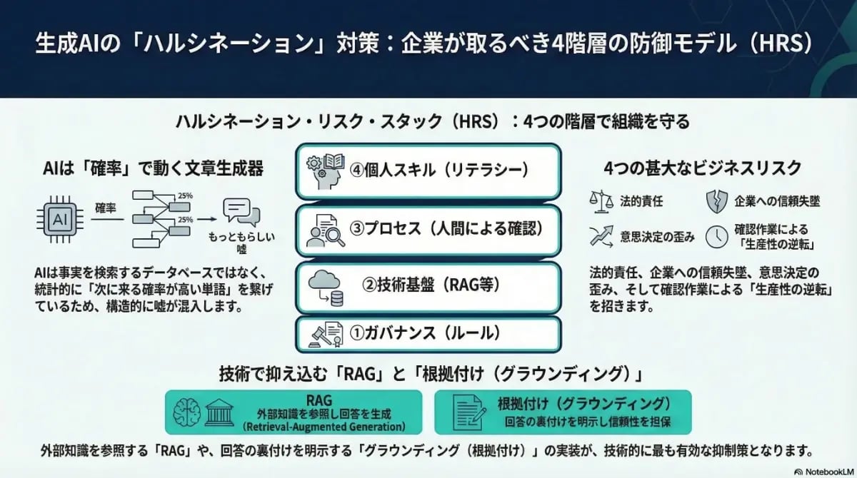 生成AIのハルシネーション対策となる「4階層の防御モデル（HRS）」を解説。ガバナンス、技術基盤（RAG）、プロセス、個人スキルの4層構造や、グラウンディングによる信頼性確保の仕組みを示したインフォグラフィック。