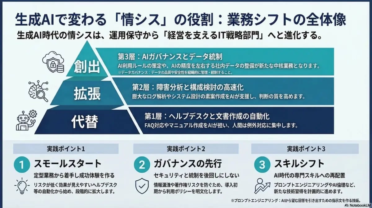 生成AIによる情シスの役割変化を代替・拡張・創出の3層構造で示し、AIガバナンスやスキルシフトなど業務シフトの全体像を解説した図解