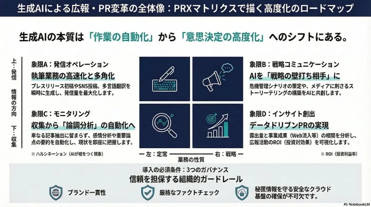 生成AIによる広報・PR変革の全体像をPRXマトリクスで解説。オペレーションの高速化から戦略の壁打ち、ROI可視化までの4象限と、信頼を担保する3つのガバナンスを示した図解