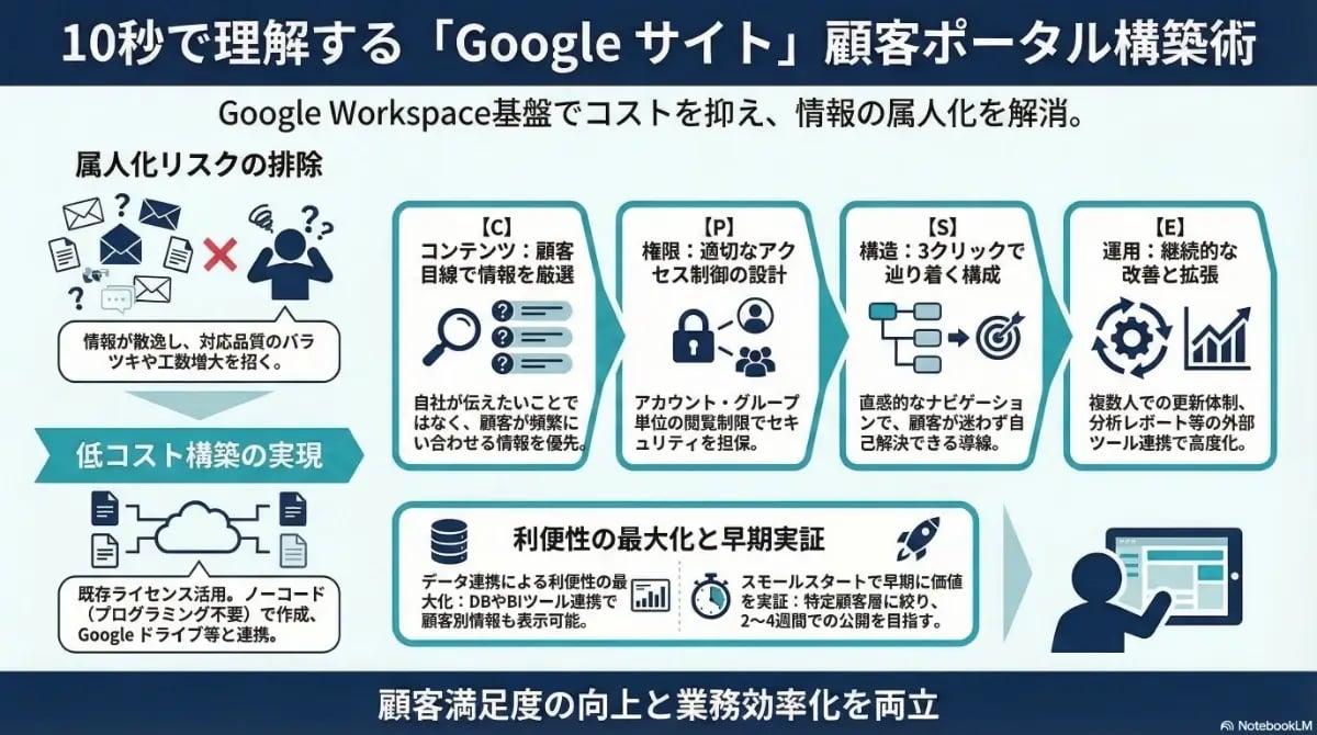 Google サイトを活用した顧客ポータル構築術の解説。情報の属人化を解消するコンテンツ・権限・構造・運用の4ステップ（CPSE）や、Google Workspace基盤での低コスト構築、スモールスタートによる早期実証のポイントをまとめた図解。