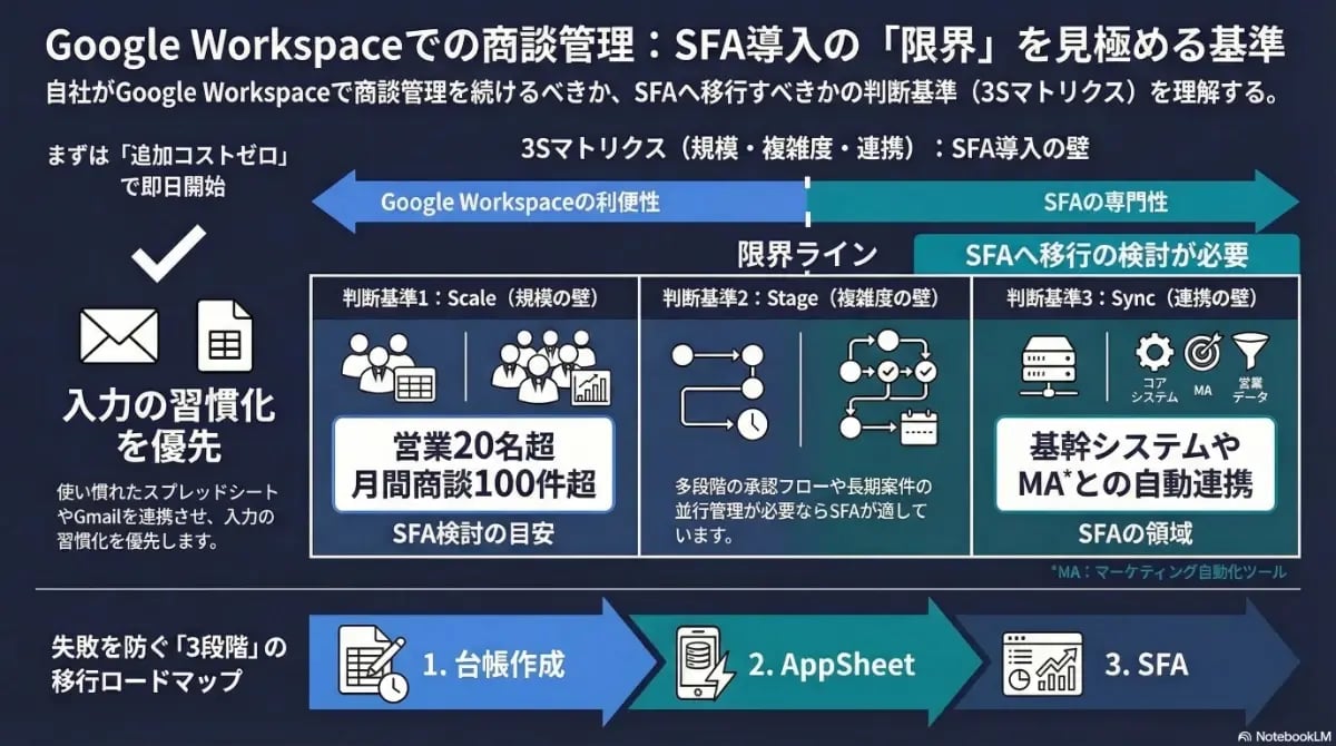 Google Workspaceでの商談管理からSFAへ移行する判断基準「3Sマトリクス」を解説。規模・複雑度・連携の限界ラインと、AppSheetを活用した段階的な移行ロードマップを示した図解