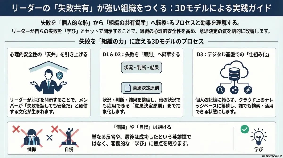 リーダーの失敗共有を組織の力に変える3Dモデルのプロセスを解説。心理的安全性の向上、意思決定の原則化、デジタル基盤での仕組み化という3つのステップと、客観的な学びの重要性を示したインフォグラフィック