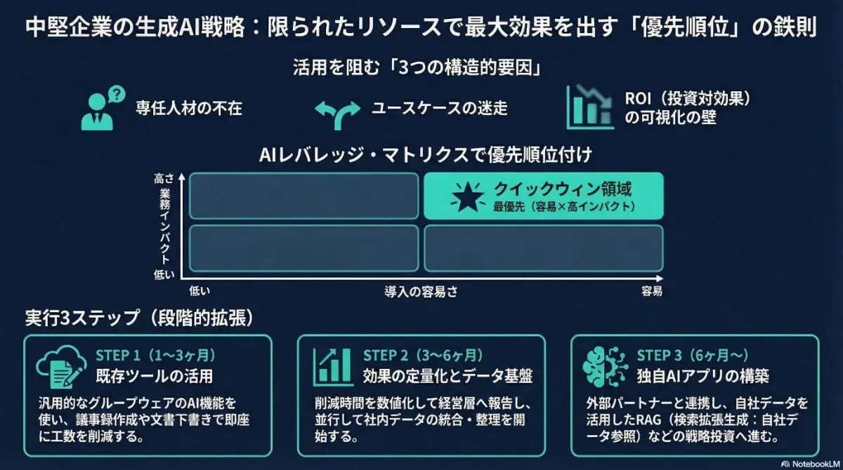 中堅企業の生成AI戦略における優先順位の鉄則を解説。活用を阻む要因の特定から、AIレバレッジ・マトリクスによるクイックウィン領域の特定、段階的拡張の3ステップを示した図解