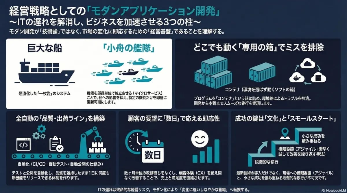 経営戦略としてのモダンアプリケーション開発における3つの柱（マイクロサービス、コンテナ、CI/CD）と、組織文化の変革によるビジネス加速のプロセスを解説したインフォグラフィック