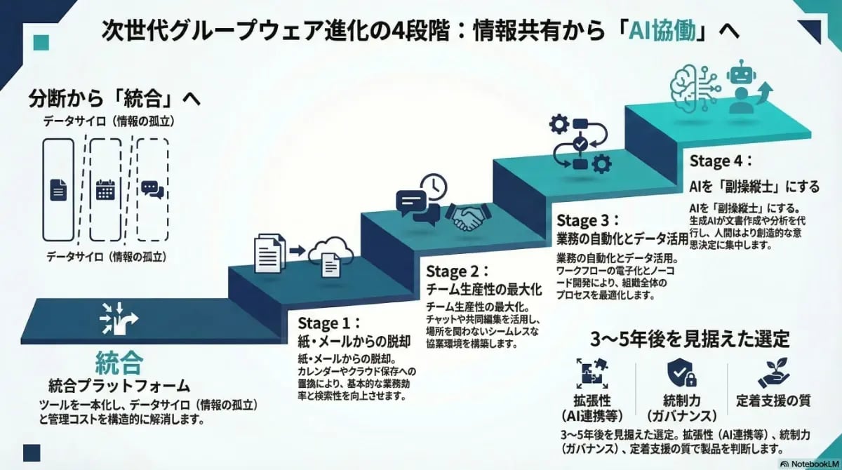 情報共有からAI協働へと至る次世代グループウェア進化の4段階と、データサイロの解消からAIを副操縦士とするまでのプロセスを解説した図解