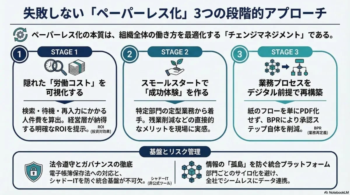 失敗しないペーパーレス化の3段階（労働コスト可視化、スモールスタート、業務プロセスの再構築）と、電子帳簿保存法対応などの基盤・リスク管理を解説したインフォグラフィック