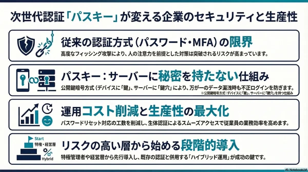 次世代認証「パスキー」によるセキュリティ強化と、パスワードリセット等の運用コスト削減、および特権階級からの段階的な導入ステップを解説した図解