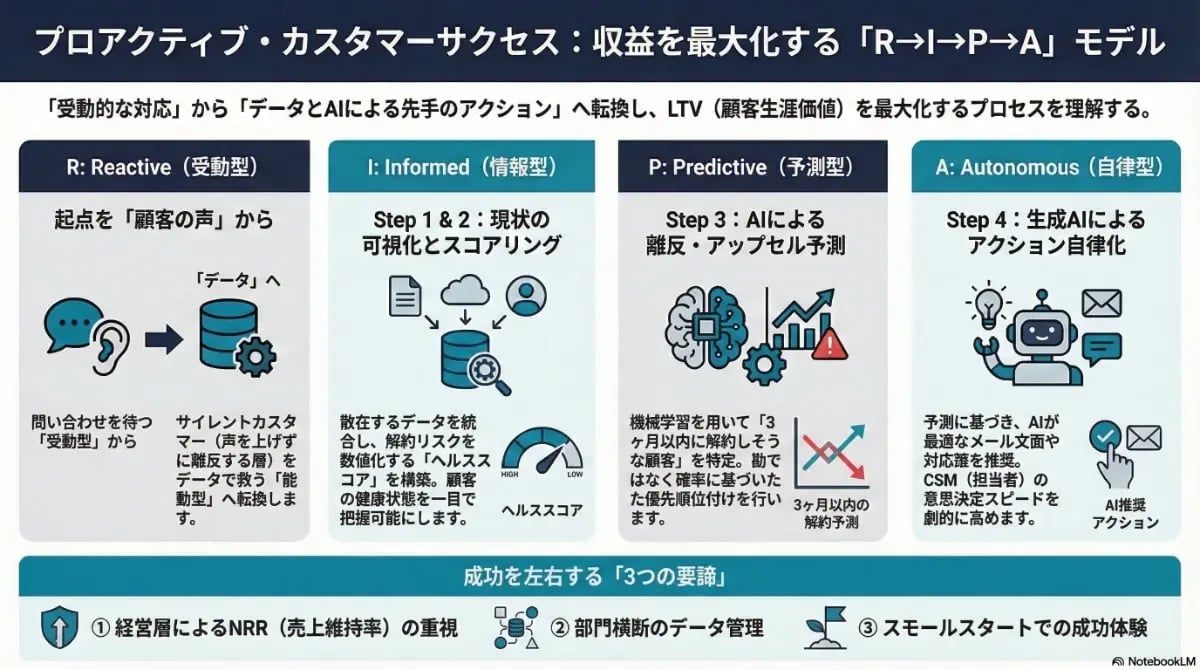 カスタマーサクセスにおける「RIPAモデル」の4つの進化ステップと、LTV最大化のためのAI活用やNRR重視などの3つの要諦を解説したインフォグラフィック