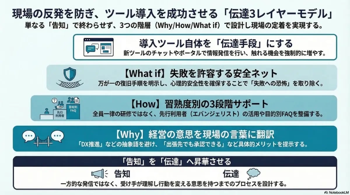 ツール導入時の現場の反発を防ぐ「伝達3レイヤーモデル」を示し、Why・How・What ifの3つの視点で単なる告知を実効性のある伝達へ昇華させる手法を解説した図解