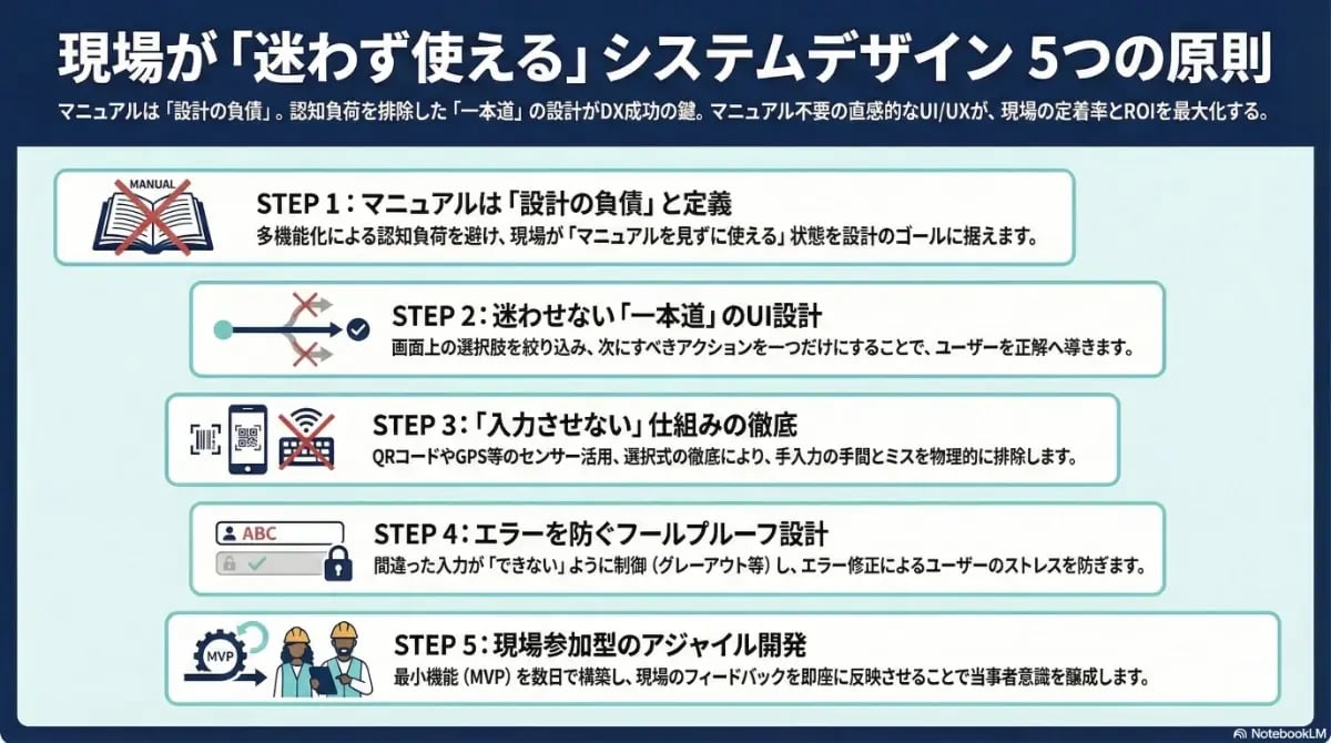 現場が迷わず使えるシステムデザインの5つの原則（マニュアル不要の設計、一本道のUI、入力の徹底排除、フールプルーフ、アジャイル開発）を解説し、現場の定着率とROIを最大化するプロセスを示す図解