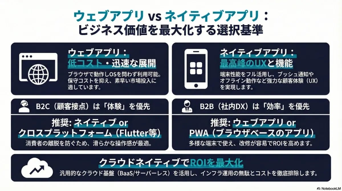 ウェブアプリとネイティブアプリのメリットを比較し、B2CやB2Bなどビジネスシーンに応じた最適な選択基準や、クラウド活用によるROI最大化を解説した図解
