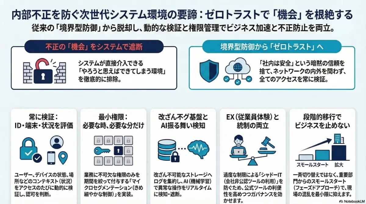 ゼロトラストにより内部不正の「機会」を根絶する次世代システム環境の要諦を解説。境界型防御からの脱却、最小権限の原則、AI振る舞い検知、EXと統制の両立など5つの実践ポイントを示した図解